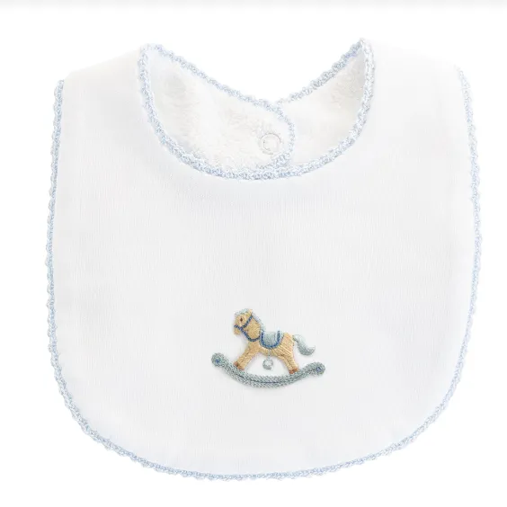 Embroidered Bib - Rocking Horse - Blue