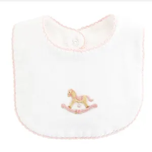 Embroidered Bib - Rocking Horse - Pink
