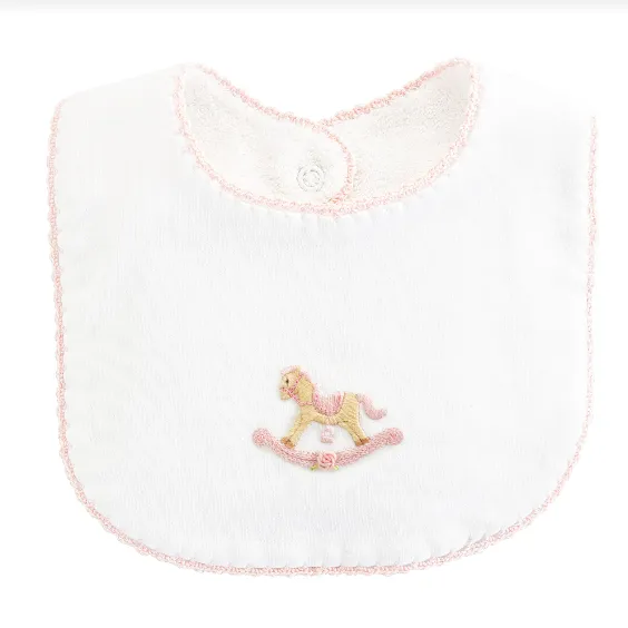 Embroidered Bib - Rocking Horse - Pink