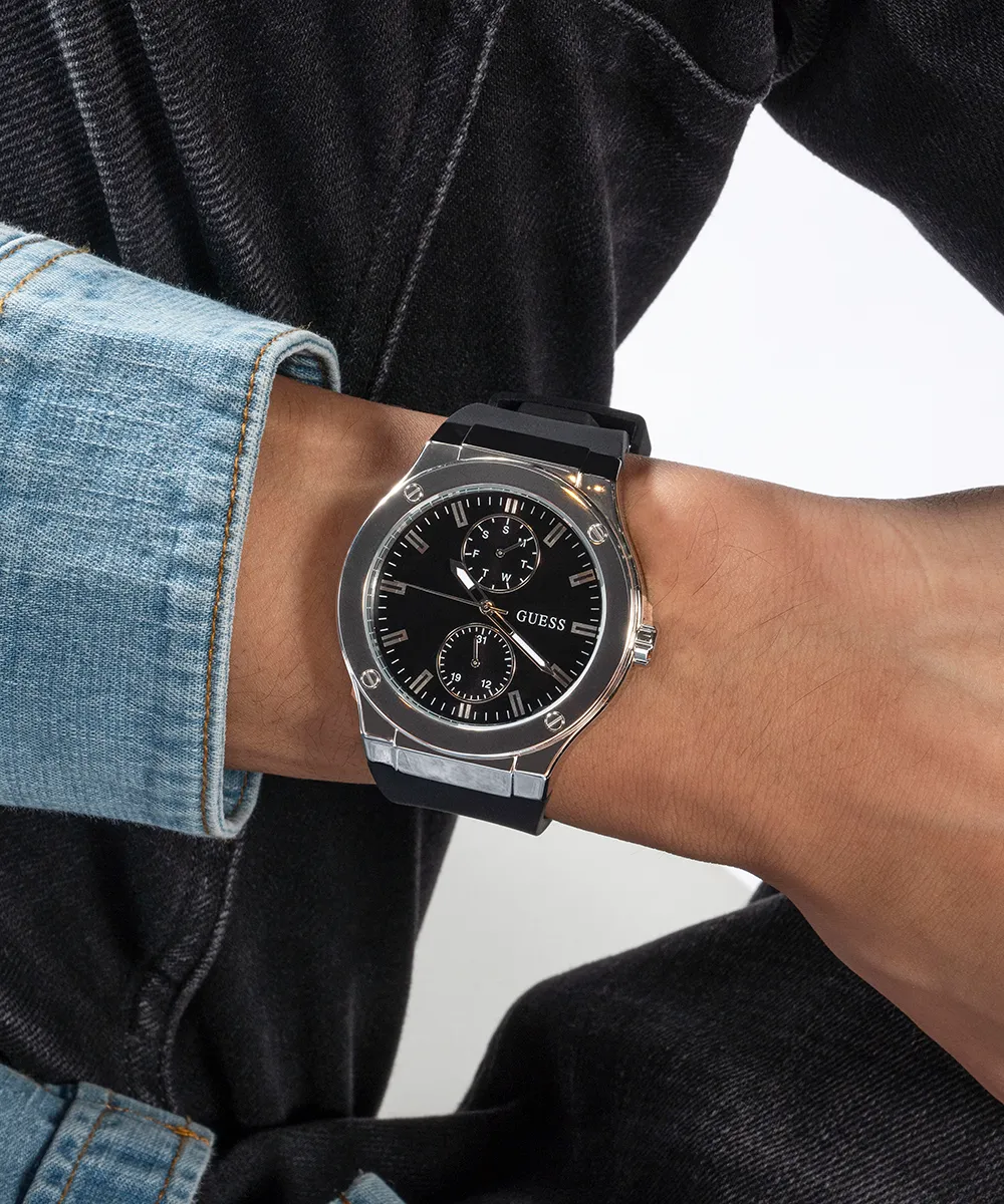 GUESS Mens Black Silver Tone Multi-function Watch