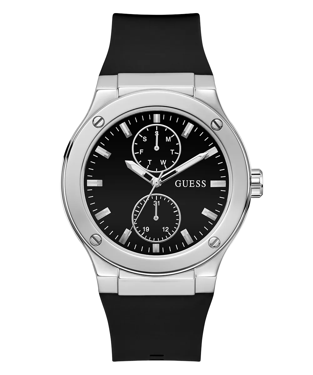 GUESS Mens Black Silver Tone Multi-function Watch