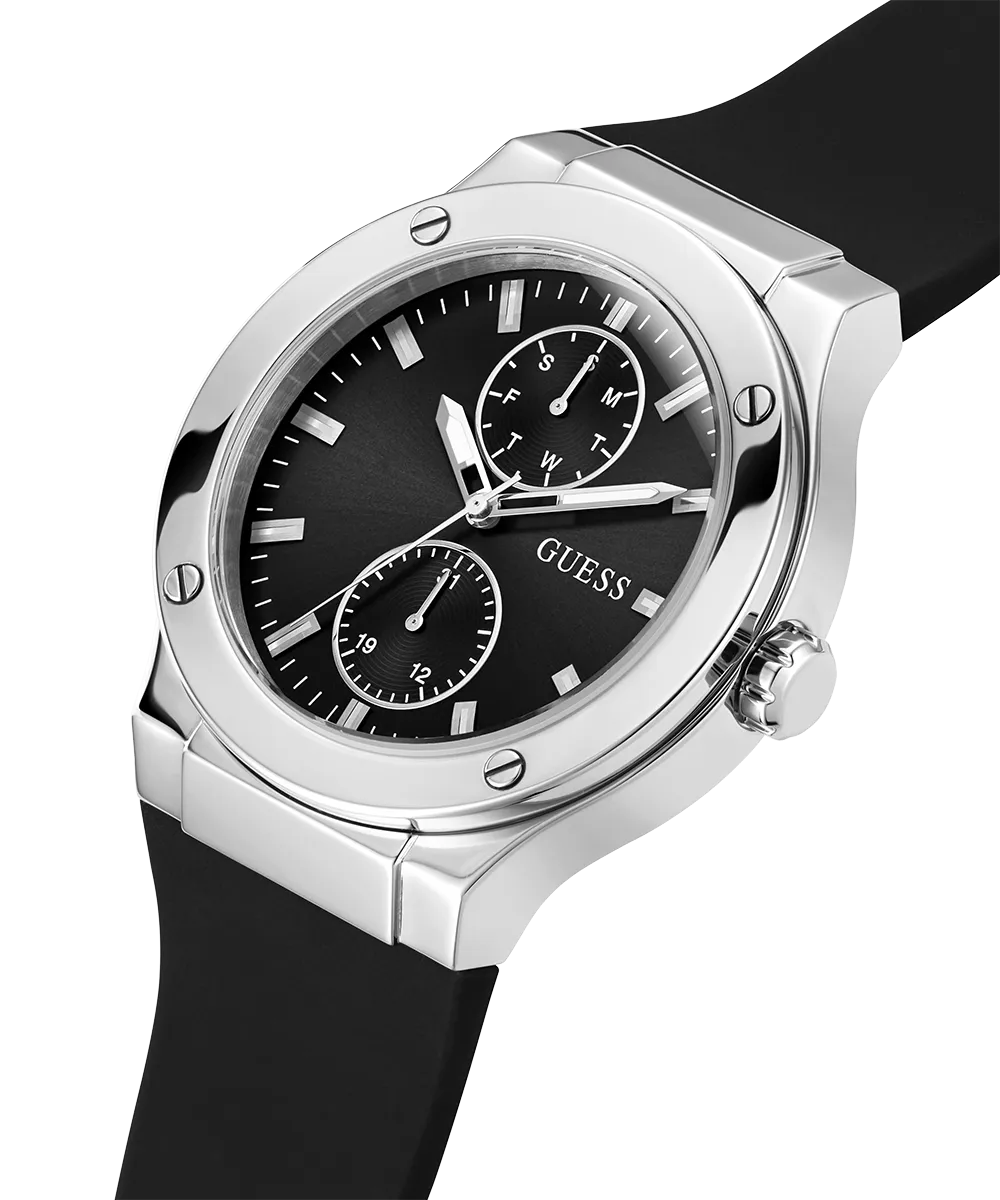 GUESS Mens Black Silver Tone Multi-function Watch