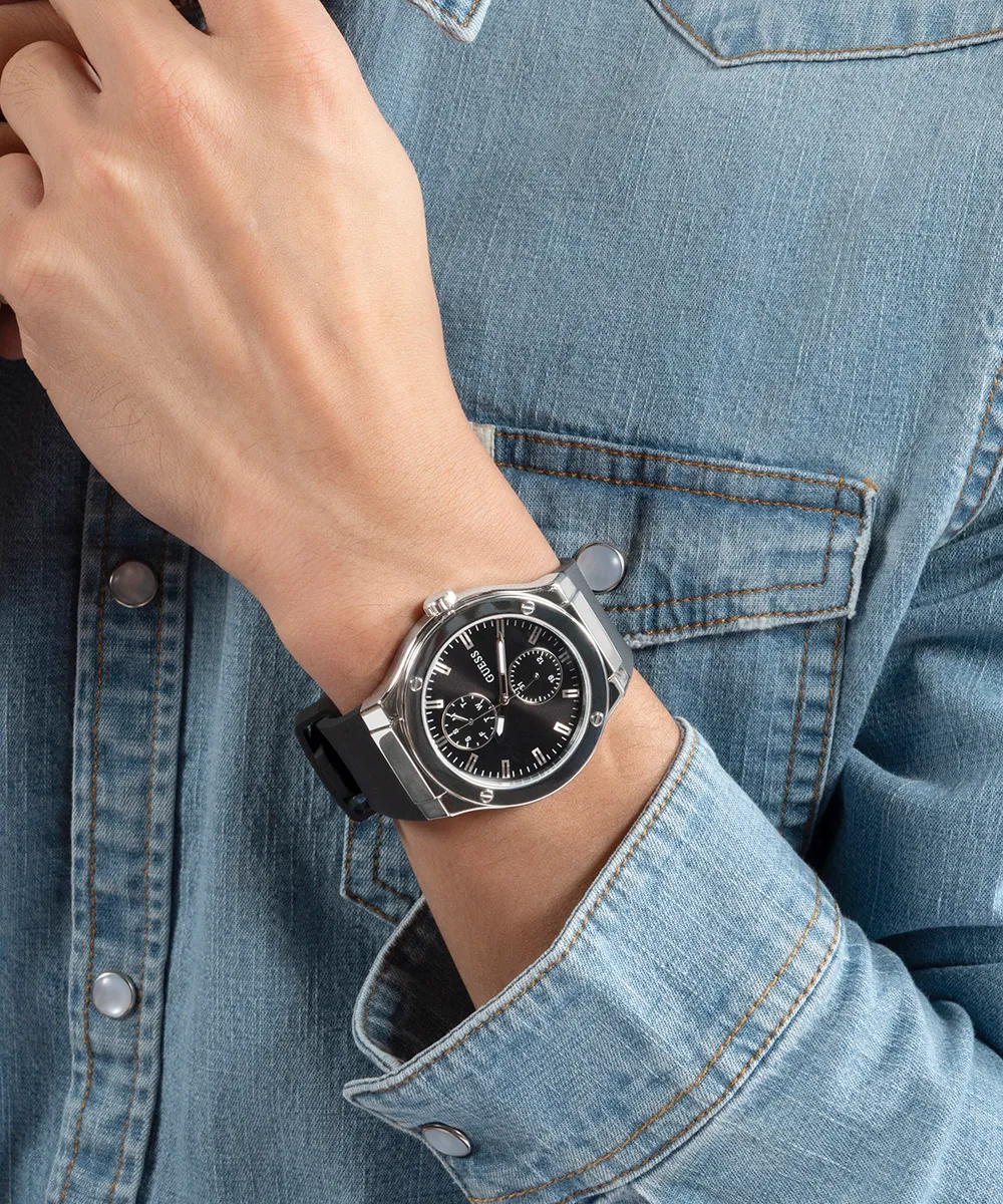 GUESS Mens Black Silver Tone Multi-function Watch