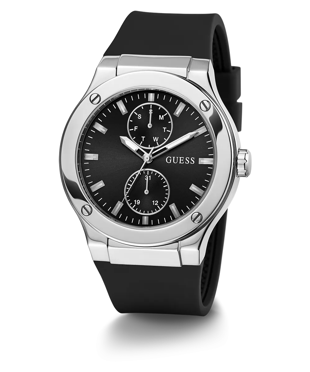 GUESS Mens Black Silver Tone Multi-function Watch