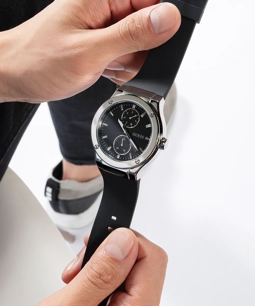 GUESS Mens Black Silver Tone Multi-function Watch