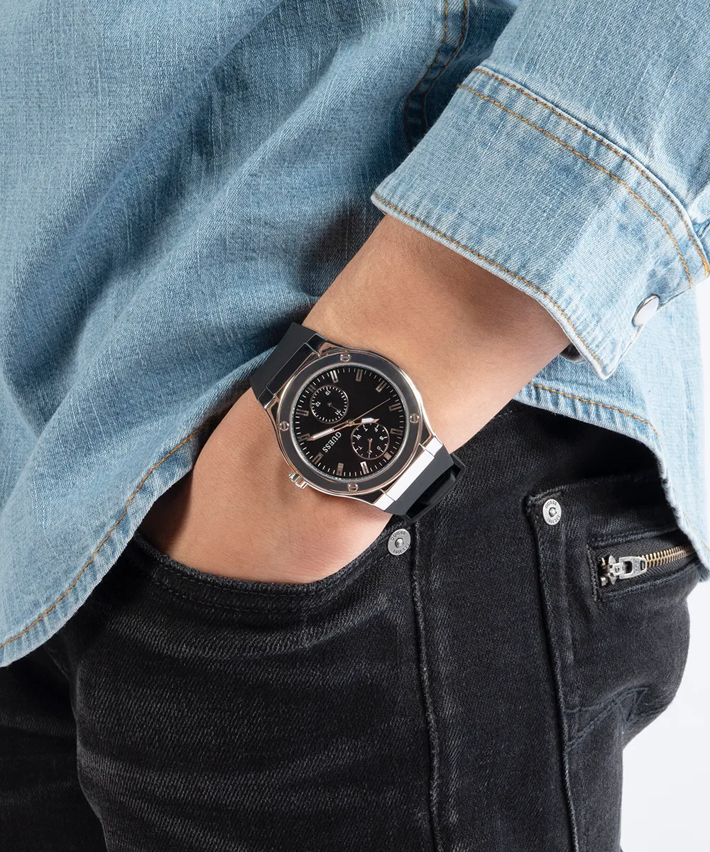 GUESS Mens Black Silver Tone Multi-function Watch