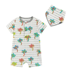 Infant White Palm Print Knit Short Sleeve Romper w/Bib