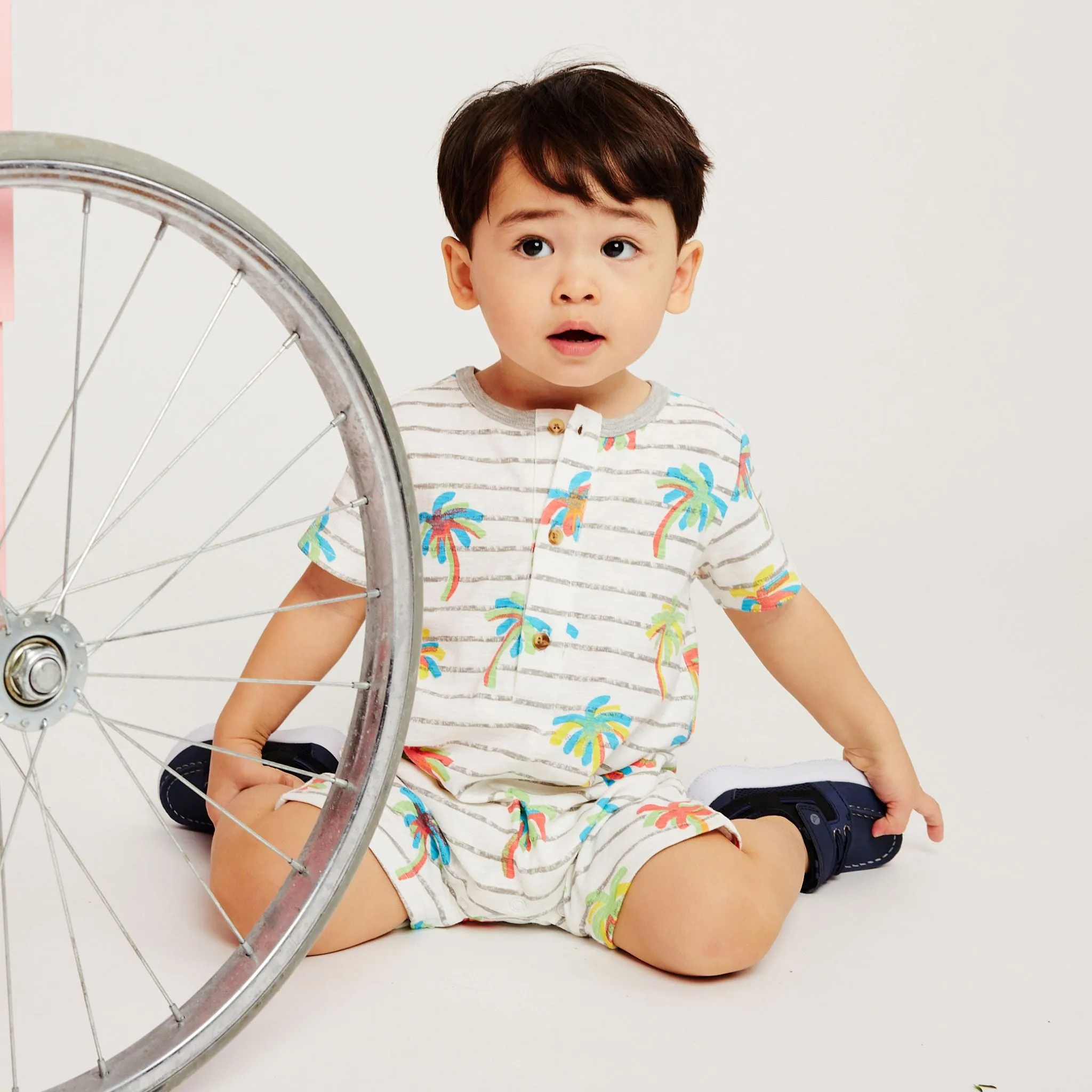 Infant White Palm Print Knit Short Sleeve Romper w/Bib