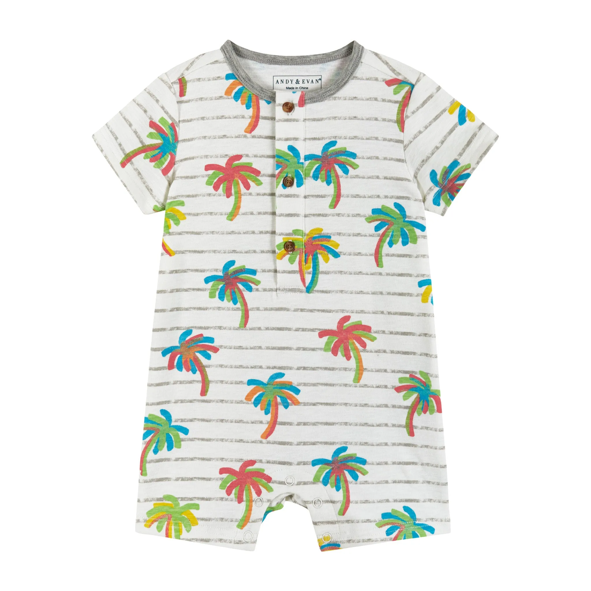 Infant White Palm Print Knit Short Sleeve Romper w/Bib