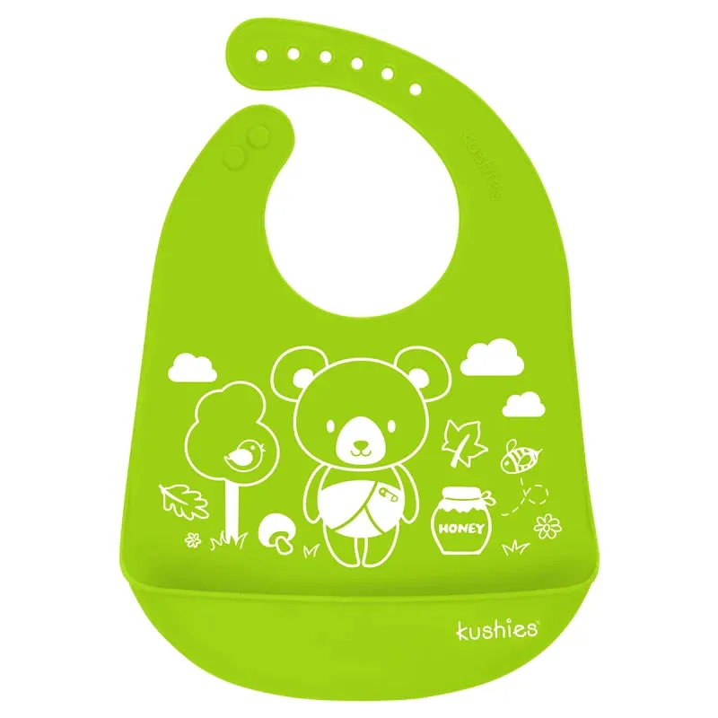 Kushies Soft Silicatch Bib Silicone Waterproof Bib with catch all pocket, Green