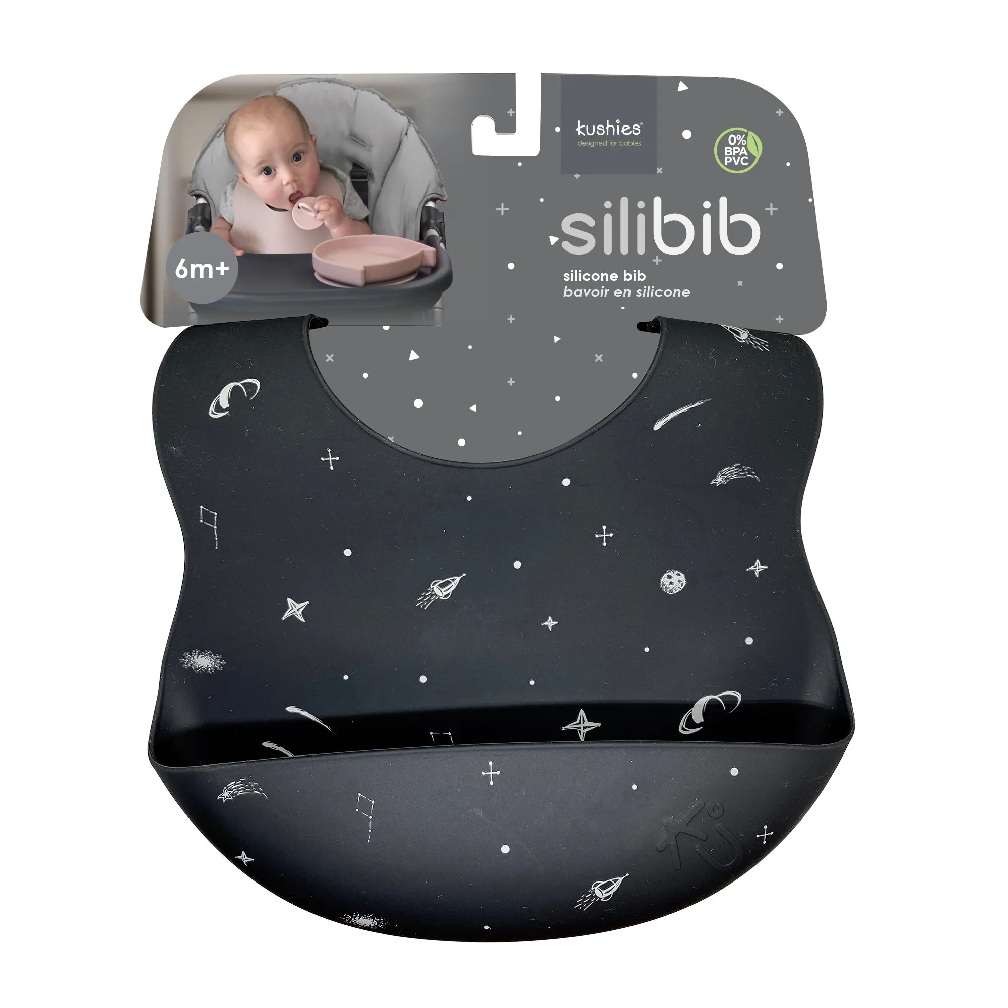 Kushies Soft Silicone Waterproof Bib with catch all pocket, Black