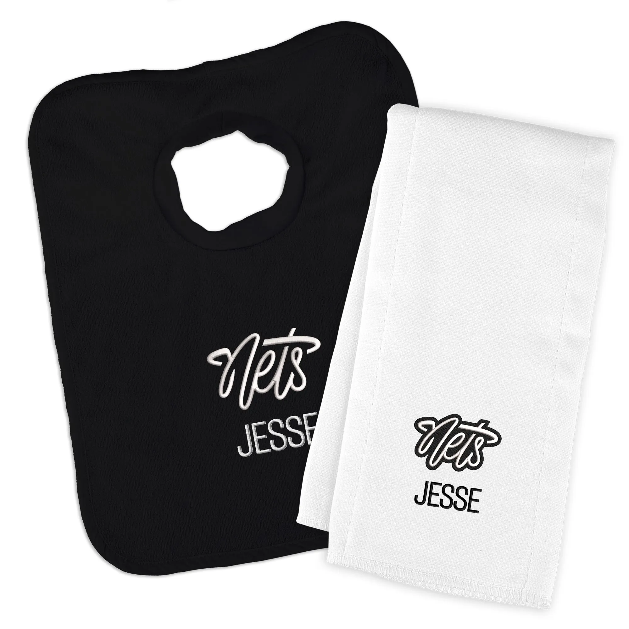 Personalized Brooklyn Nets Script Nets Bib and Burp Cloth Set