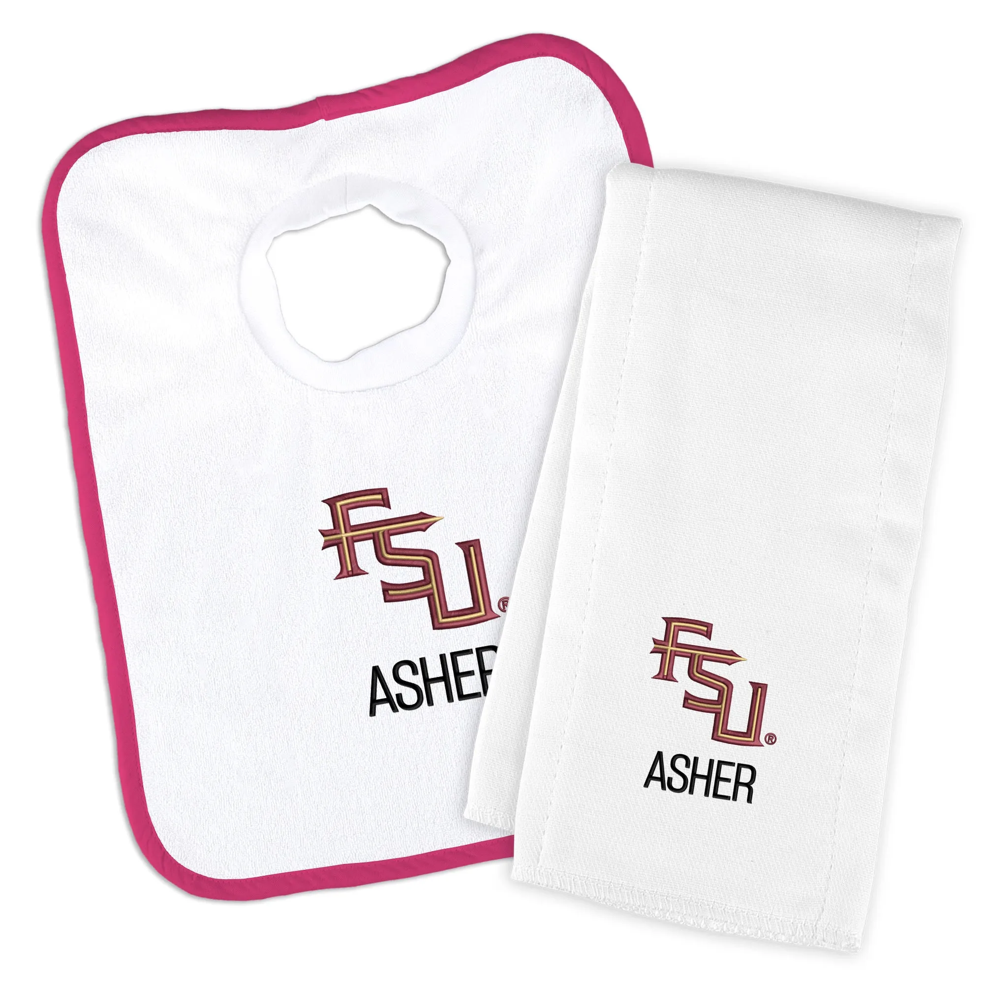 Personalized Florida State Seminoles Stacked Logo Bib and Burp Cloth Set