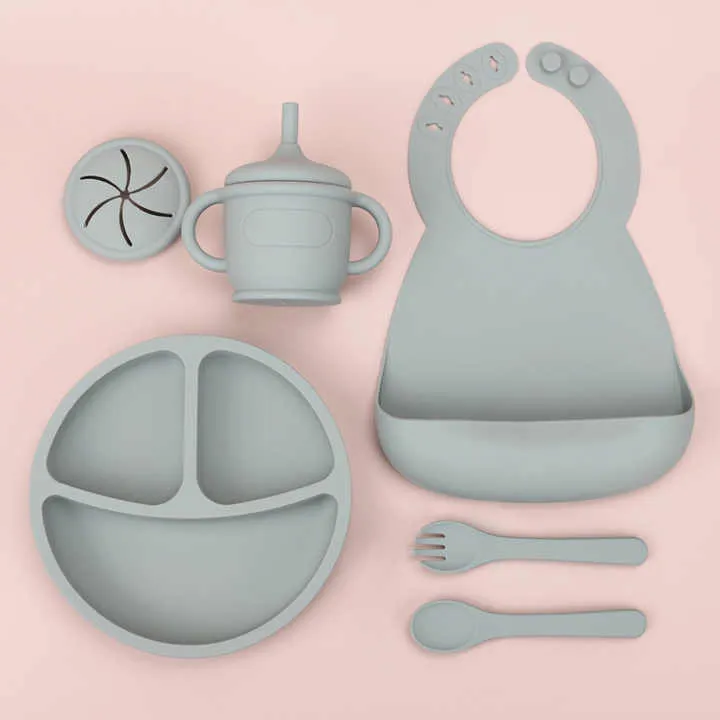 Silicone Baby Food Bowl Fork Spoon Bib Children. مجموعة أدوات مائدة للأطفال من السيليكون، وعاء طعام للأطفال،