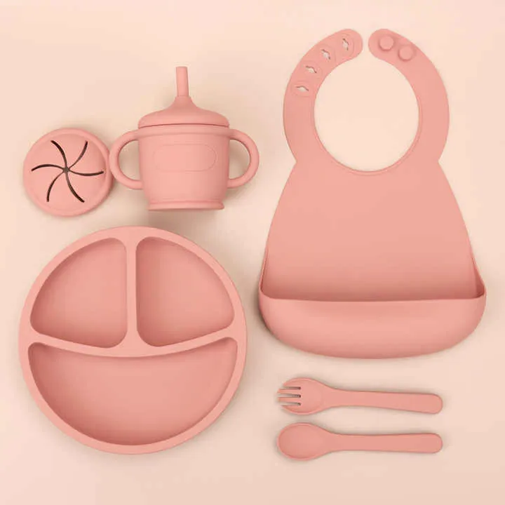 Silicone Baby Food Bowl Fork Spoon Bib Children. مجموعة أدوات مائدة للأطفال من السيليكون، وعاء طعام للأطفال،
