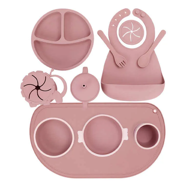 Silicone Baby Food Bowl Fork Spoon Bib Children. مجموعة أدوات مائدة للأطفال من السيليكون، وعاء طعام للأطفال،