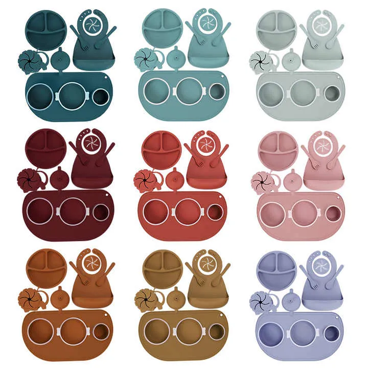 Silicone Baby Food Bowl Fork Spoon Bib Children. مجموعة أدوات مائدة للأطفال من السيليكون، وعاء طعام للأطفال،