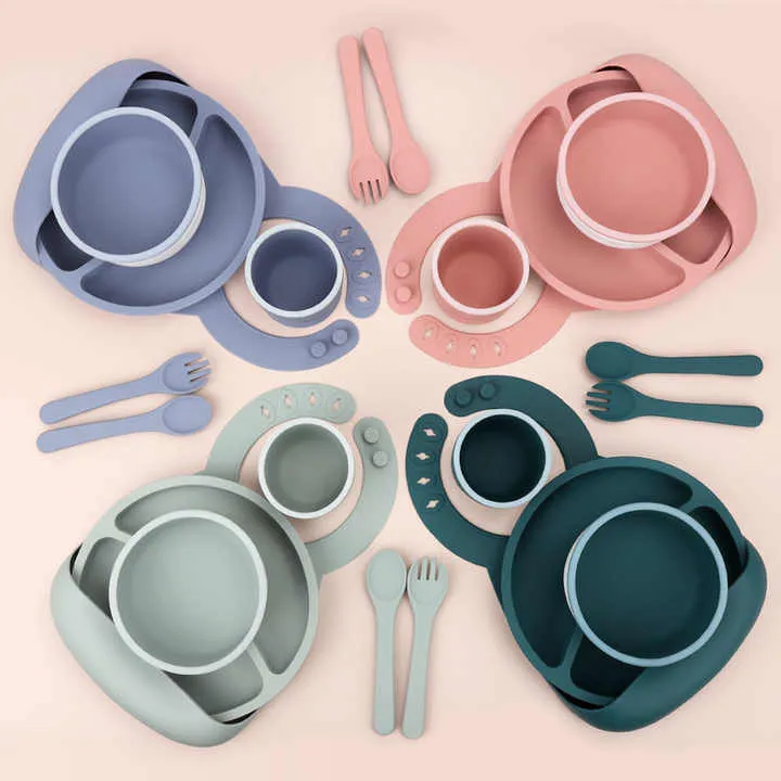 Silicone Baby Food Bowl Fork Spoon Bib Children. مجموعة أدوات مائدة للأطفال من السيليكون، وعاء طعام للأطفال،